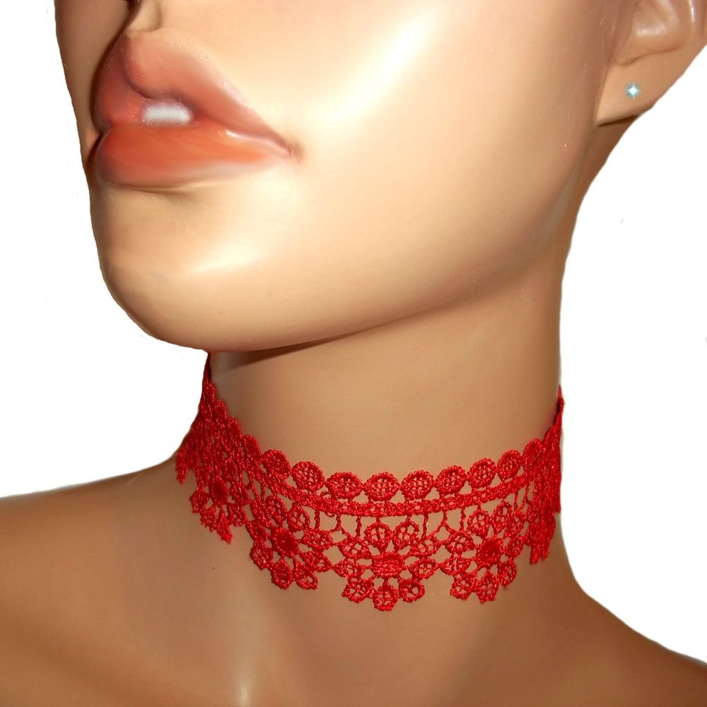 Red Lace Choker, Red Necklace, Red Jewelry, Red Accessories, Choker Necklace